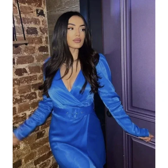 Zara BELTED SATIN EFFECT DRESS BLUE SMALL - Picture 2 of 3